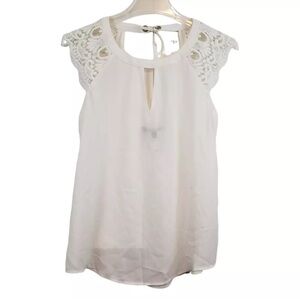 New EXPRESS Small Sheer Cream White Sleeveless Top Lace Shoulders Keyhole